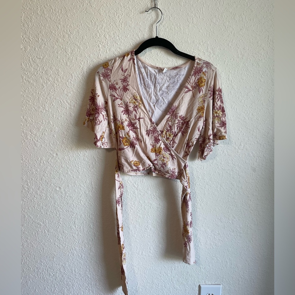 Deep V-Neck Floral Wrap Blouse